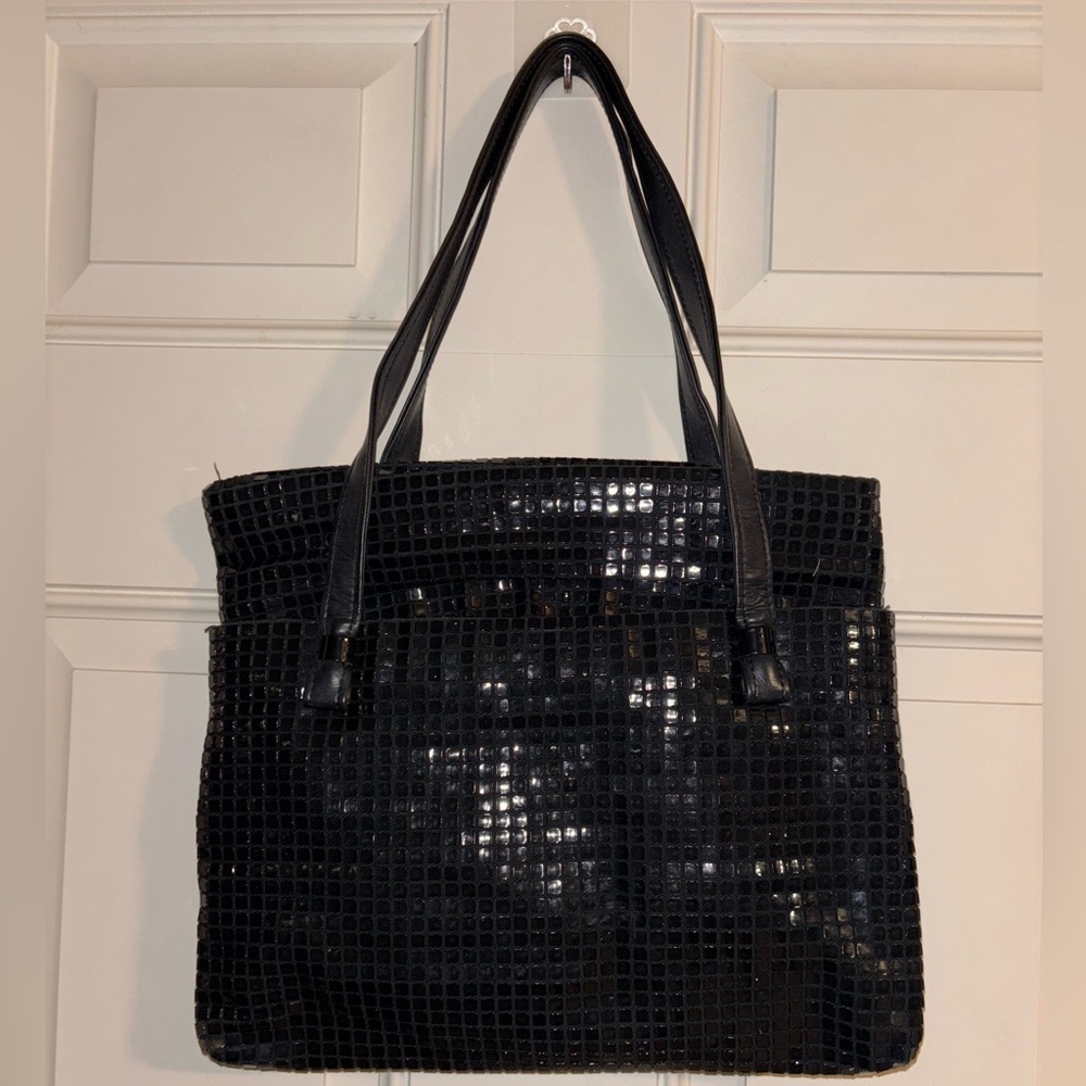 Vintage Lumured Black Tile Mesh Tote Bag with Leather Straps Lot of Pockets
